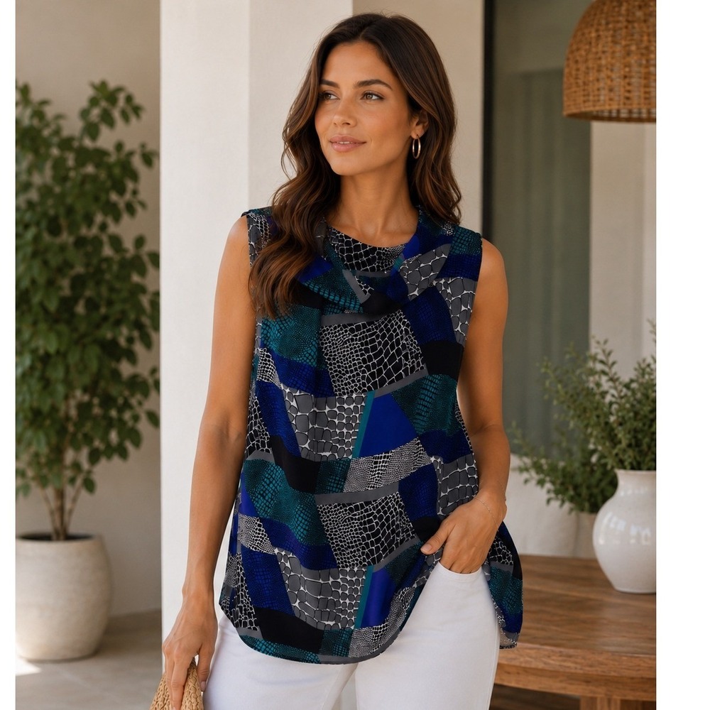 Laundry by Shelli Segal Cowl Neck Blouse Blue Geometric Animal Print Size‎ 10